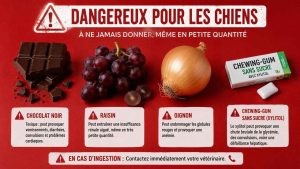 Aliments dangereux pour les chiens : chocolat noir, raisin, oignon et chewing-gum sans sucre contenant du xylitol. Un rappel visuel des produits à ne jamais donner à son animal