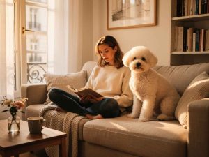 Un Bichon Frisé installé confortablement dans un appartement parisien. Preuve qu'on peut avoir un chien épanoui sans jardin, à condition de bien choisir sa race selon son habitat