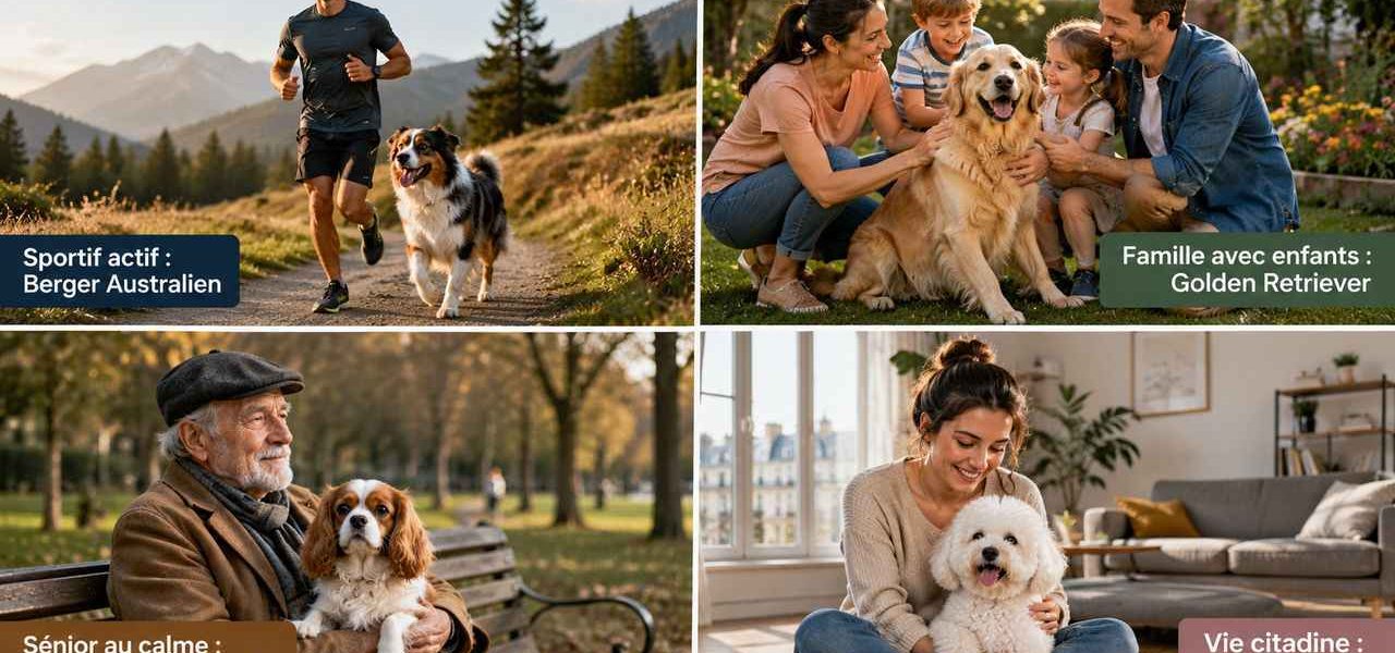 Quatre profils de propriétaires avec leur chien idéal : un sportif avec un Australian Shepherd, une famille avec un Golden Retriever, un senior avec un Cavalier King Charles et une citadine avec un Bichon Frisé. L'illustration parfaite pour choisir la bonne race de chien selon son mode de vie