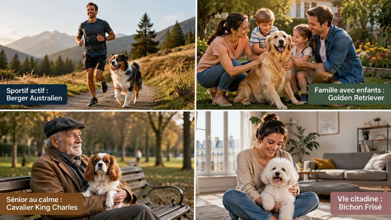 Quatre profils de propriétaires avec leur chien idéal : un sportif avec un Australian Shepherd, une famille avec un Golden Retriever, un senior avec un Cavalier King Charles et une citadine avec un Bichon Frisé. L'illustration parfaite pour choisir la bonne race de chien selon son mode de vie