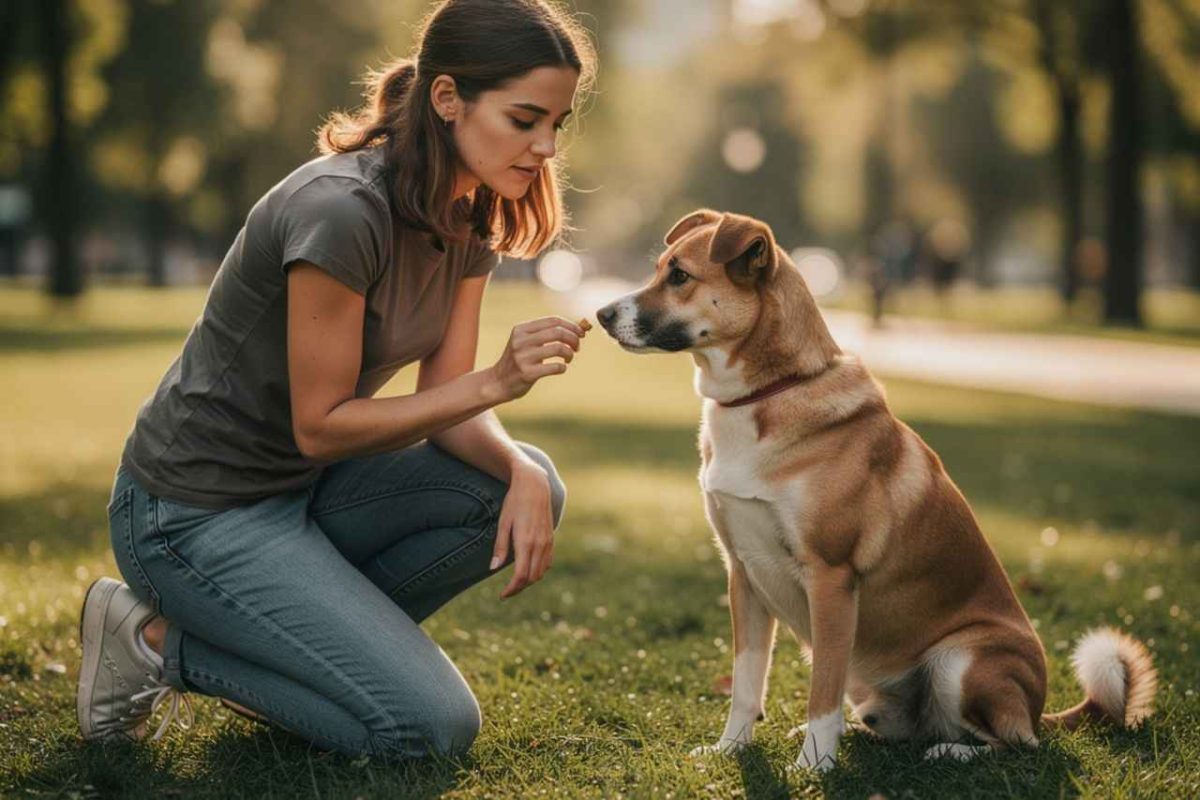 Une femme récompense son chien avec une mini-friandise pendant une séance d'éducation en extérieur. Une image qui illustre les bonnes pratiques de distribution : petites portions, bon moment, renforcement positif