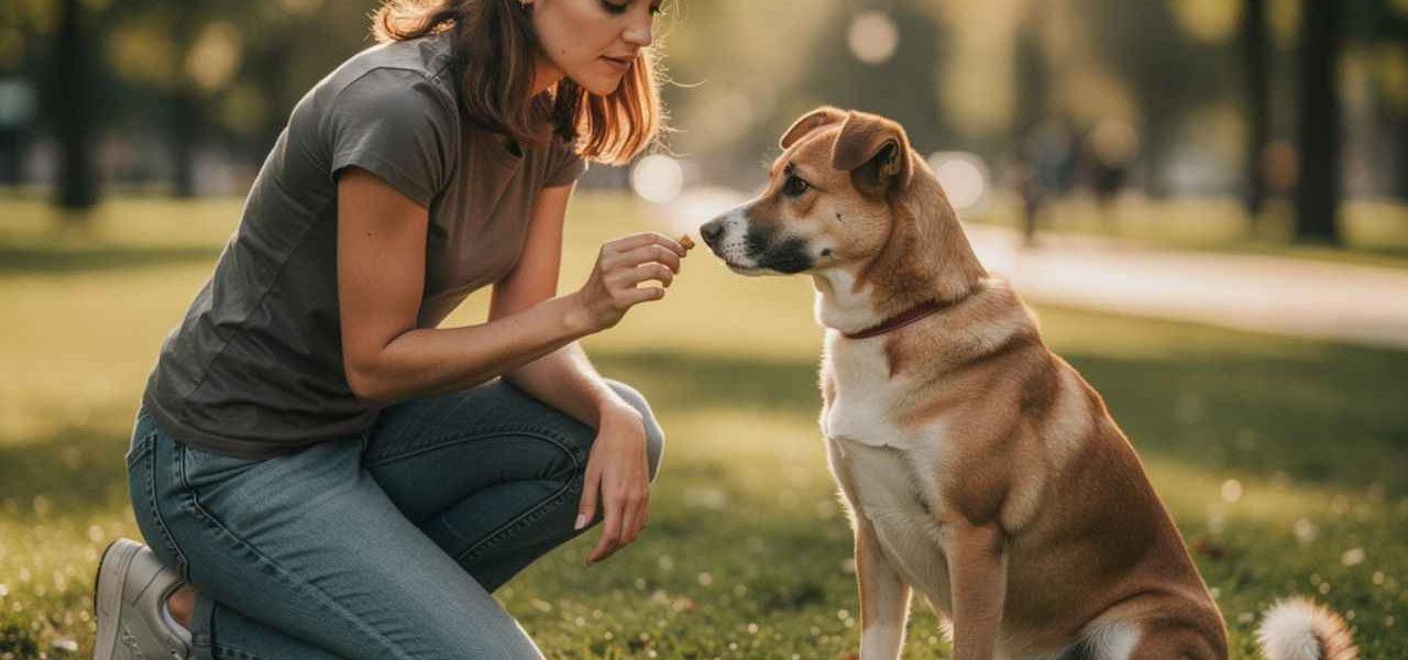 Une femme récompense son chien avec une mini-friandise pendant une séance d'éducation en extérieur. Une image qui illustre les bonnes pratiques de distribution : petites portions, bon moment, renforcement positif