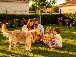 Une famille française avec deux enfants joue avec un Golden Retriever dans un jardin fleuri. Cette race douce et patiente est idéale pour les foyers avec de jeunes enfants