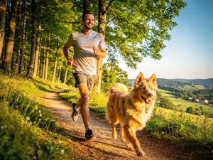 Un sportif court en forêt accompagné de son Australian Shepherd. Illustration parfaite du canicross et de la complicité entre un propriétaire actif et sa race de chien adaptée à son mode de vie