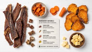 Plusieurs ingrédients naturels utilisés comme friandises pour chien : viande séchée, carotte, patate douce et fromage. Un guide visuel pour récompenser son animal avec des produits simples et lisibles