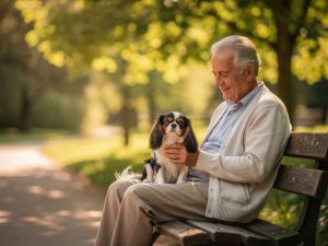 Un senior se repose dans un parc avec son Cavalier King Charles sur les genoux. Une belle illustration de la relation apaisante entre une personne âgée et un chien de compagnie bien choisi