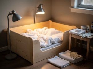 Caisse de mise bas bien préparée avec couvertures, lampe chauffante et matériel à portée de main. Idéale pour inspirer les propriétaires à anticiper l'arrivée des chiots dans de bonnes conditions