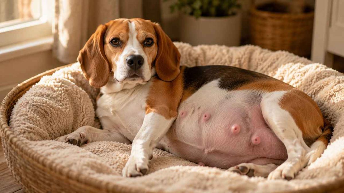 Une chienne Beagle gestante allongée dans un panier confortable, ventre arrondi, regard doux et confiant. Image idéale pour illustrer un article sur la gestation de la chienne, la grossesse canine et la préparation à la mise bas