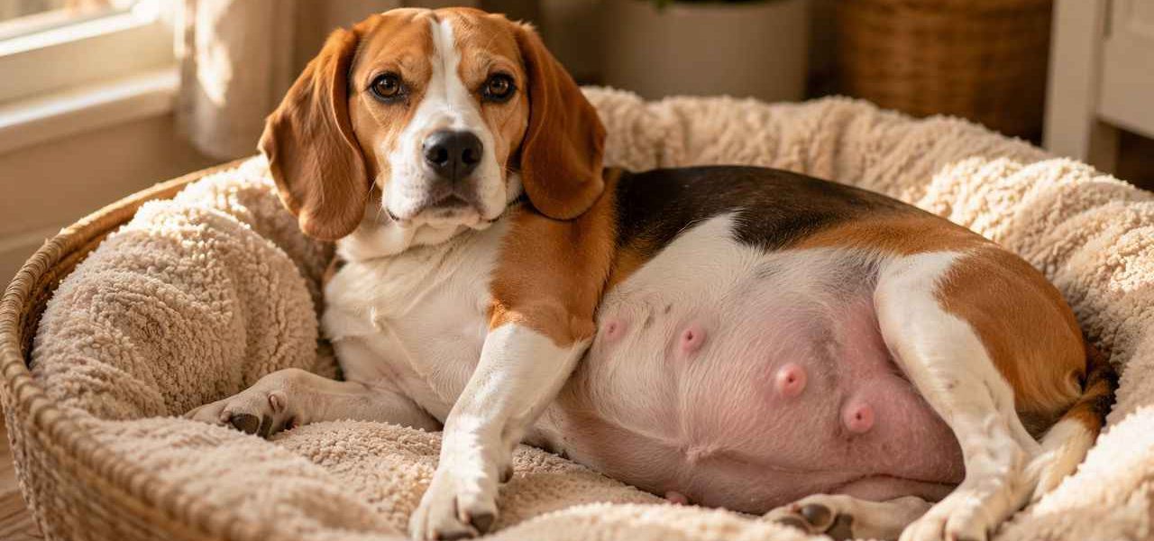 Une chienne Beagle gestante allongée dans un panier confortable, ventre arrondi, regard doux et confiant. Image idéale pour illustrer un article sur la gestation de la chienne, la grossesse canine et la préparation à la mise bas