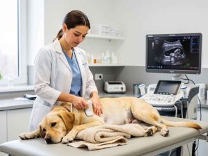 Une vétérinaire réalise une échographie sur une chienne Labrador gestante en consultation. Image illustrant l'importance du suivi vétérinaire pour confirmer et dater la grossesse de la chienne