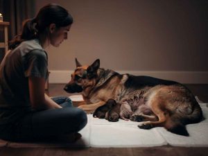 Une propriétaire surveille attentivement sa chienne Berger Allemand qui vient de mettre bas, deux chiots nouveau-nés blottis contre leur mère. Image illustrant l'importance de la présence humaine lors de la mise bas