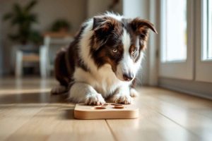 Un Border Collie concentré résout un puzzle interactif posé sur un parquet. Les jouets interactifs sont essentiels pour stimuler mentalement les races intelligentes et prévenir les comportements destructeurs