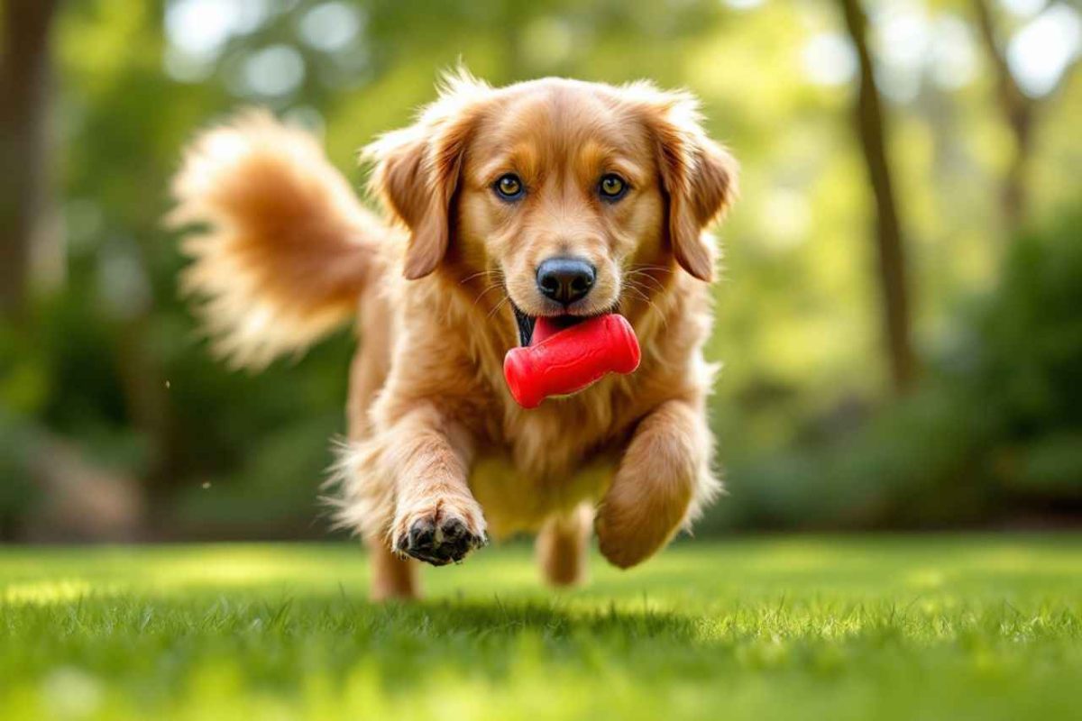 Un golden retriever heureux mâche un jouet en caoutchouc rouge dans un jardin ensoleillé. Découvrez pourquoi les jouets à mâcher sont indispensables pour la santé dentaire et le bien-être de votre chien