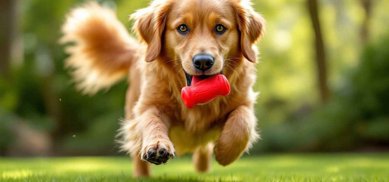Un golden retriever heureux mâche un jouet en caoutchouc rouge dans un jardin ensoleillé. Découvrez pourquoi les jouets à mâcher sont indispensables pour la santé dentaire et le bien-être de votre chien