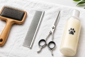 La liste du matériel indispensable pour réussir le toilettage de son chien à la maison : brosses, peignes et shampooing adapté