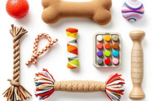 Sélection de jouets pour chien : balle en caoutchouc, peluche, jouet à corde, puzzle interactif et jouet à mâcher. Un aperçu visuel des différentes catégories de jouets pour bien orienter votre choix