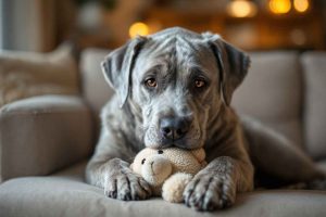 Un chien âgé au museau grisonnant joue doucement avec une peluche sur un canapé. Les chiens seniors ont besoin de jouets doux et légers adaptés à leurs articulations et à leur mâchoire moins puissante