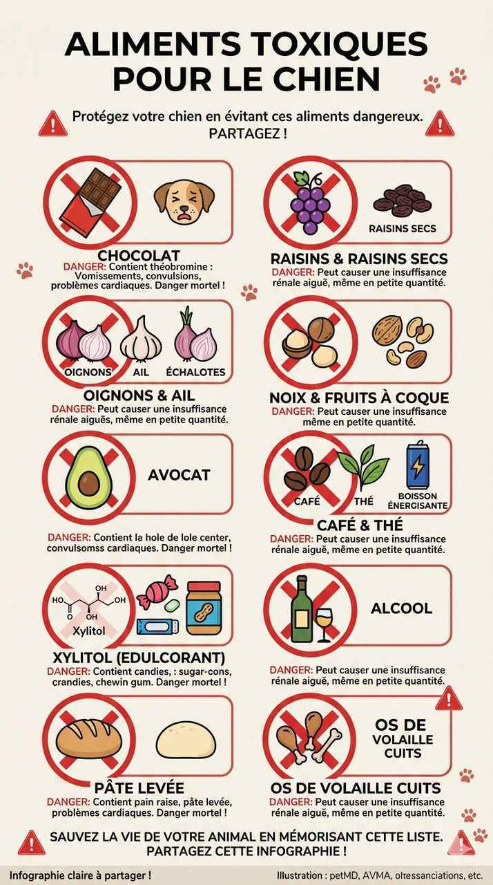 Sauvez la vie de votre animal en mémorisant la liste des aliments interdits pour les chiens. Infographie claire à partager !