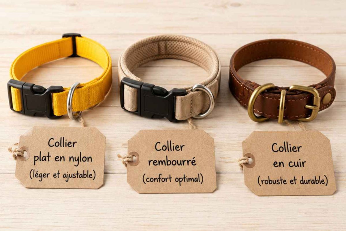 Comparatif visuel des principaux types de colliers pour chiots : nylon léger, rembourré doux et cuir durable. Chaque modèle répond à des besoins différents selon l'âge, la morphologie et le tempérament du chiot