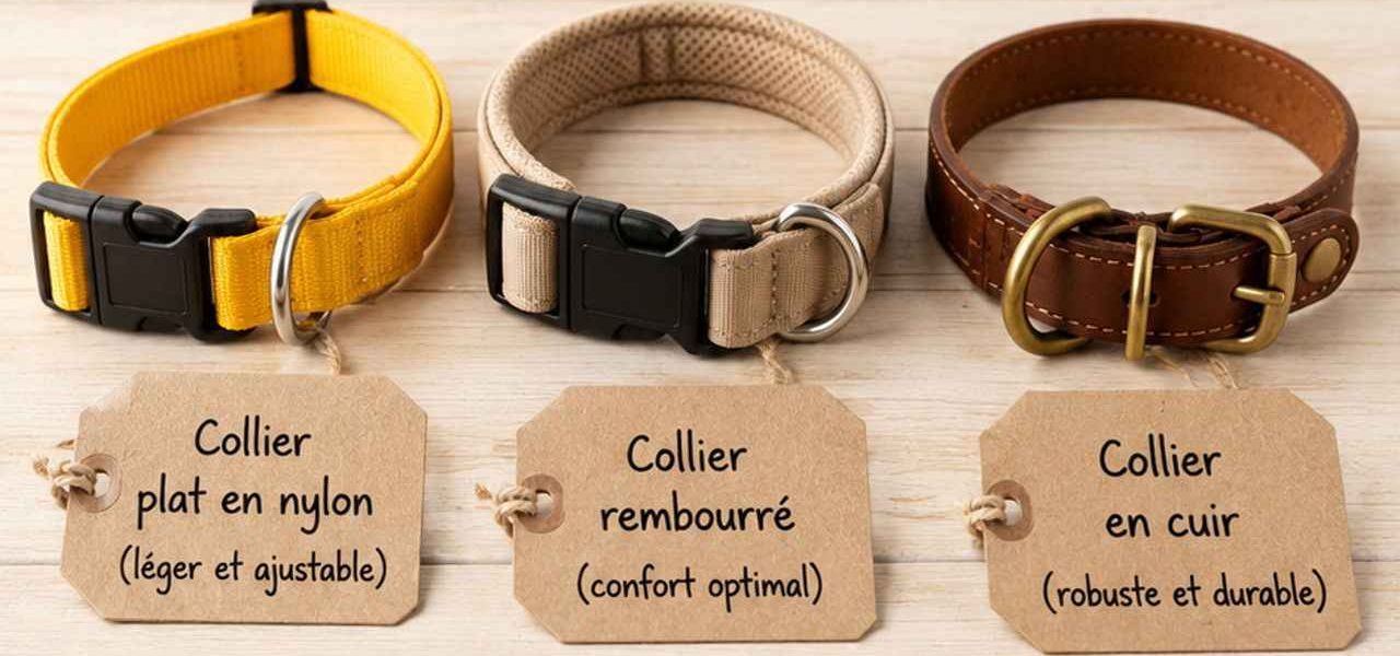 Comparatif visuel des principaux types de colliers pour chiots : nylon léger, rembourré doux et cuir durable. Chaque modèle répond à des besoins différents selon l'âge, la morphologie et le tempérament du chiot
