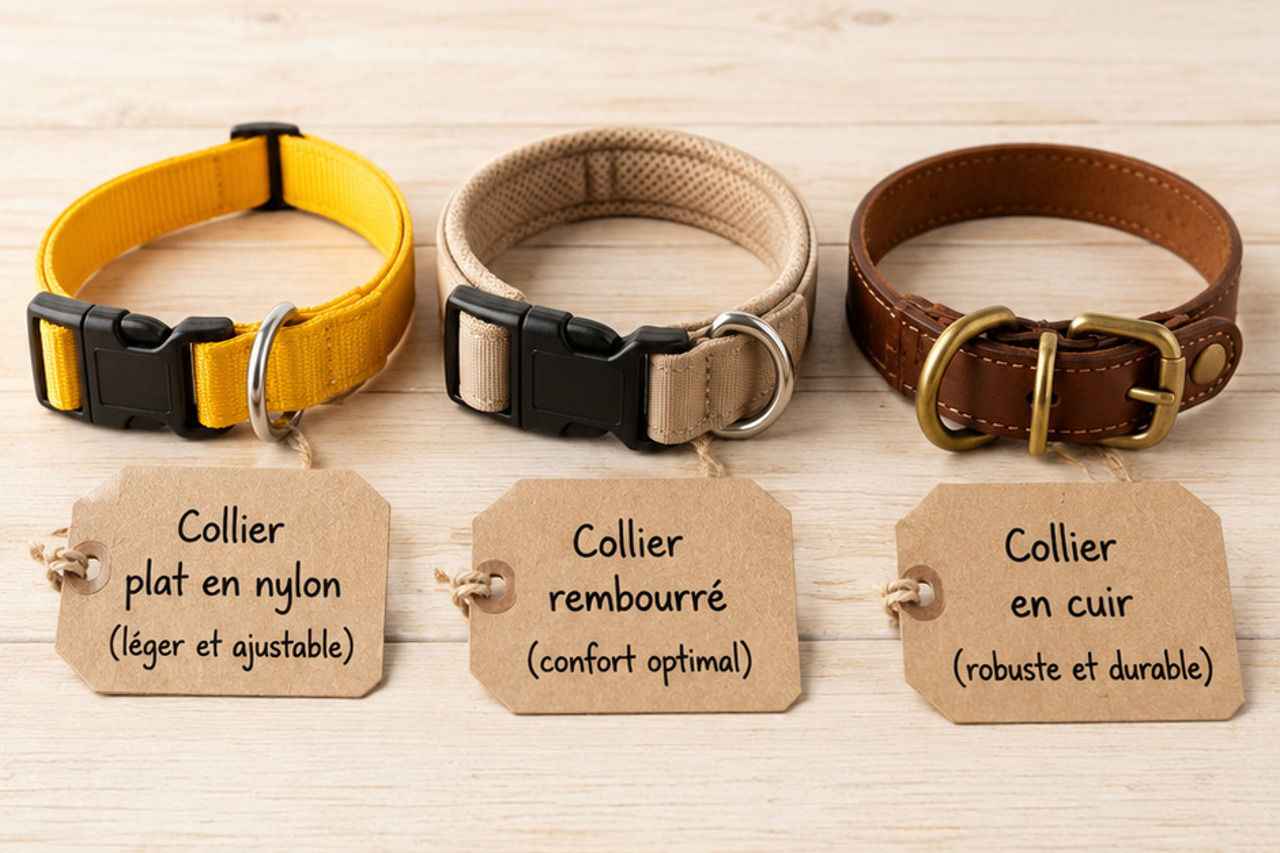 Comparatif visuel des principaux types de colliers pour chiots : nylon léger, rembourré doux et cuir durable. Chaque modèle répond à des besoins différents selon l'âge, la morphologie et le tempérament du chiot