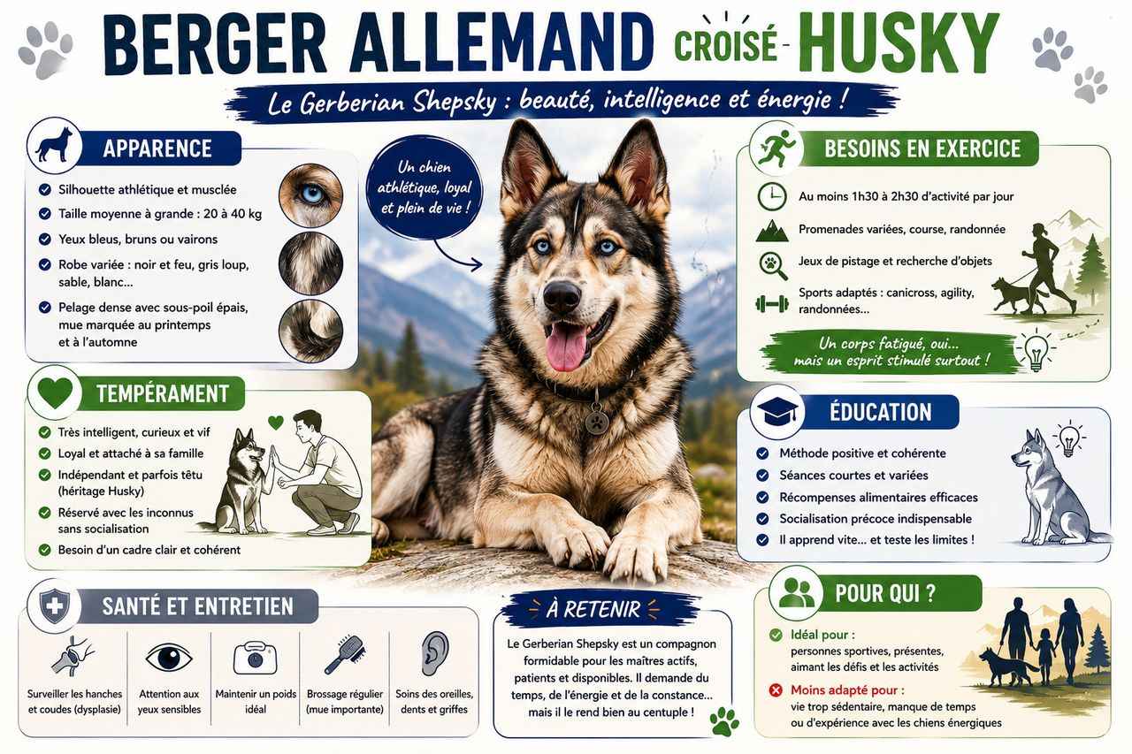Caractéristiques du Berger Allemand croisé Husky (gerberian-shepsky), incluant ses besoins en exercice et en éducation