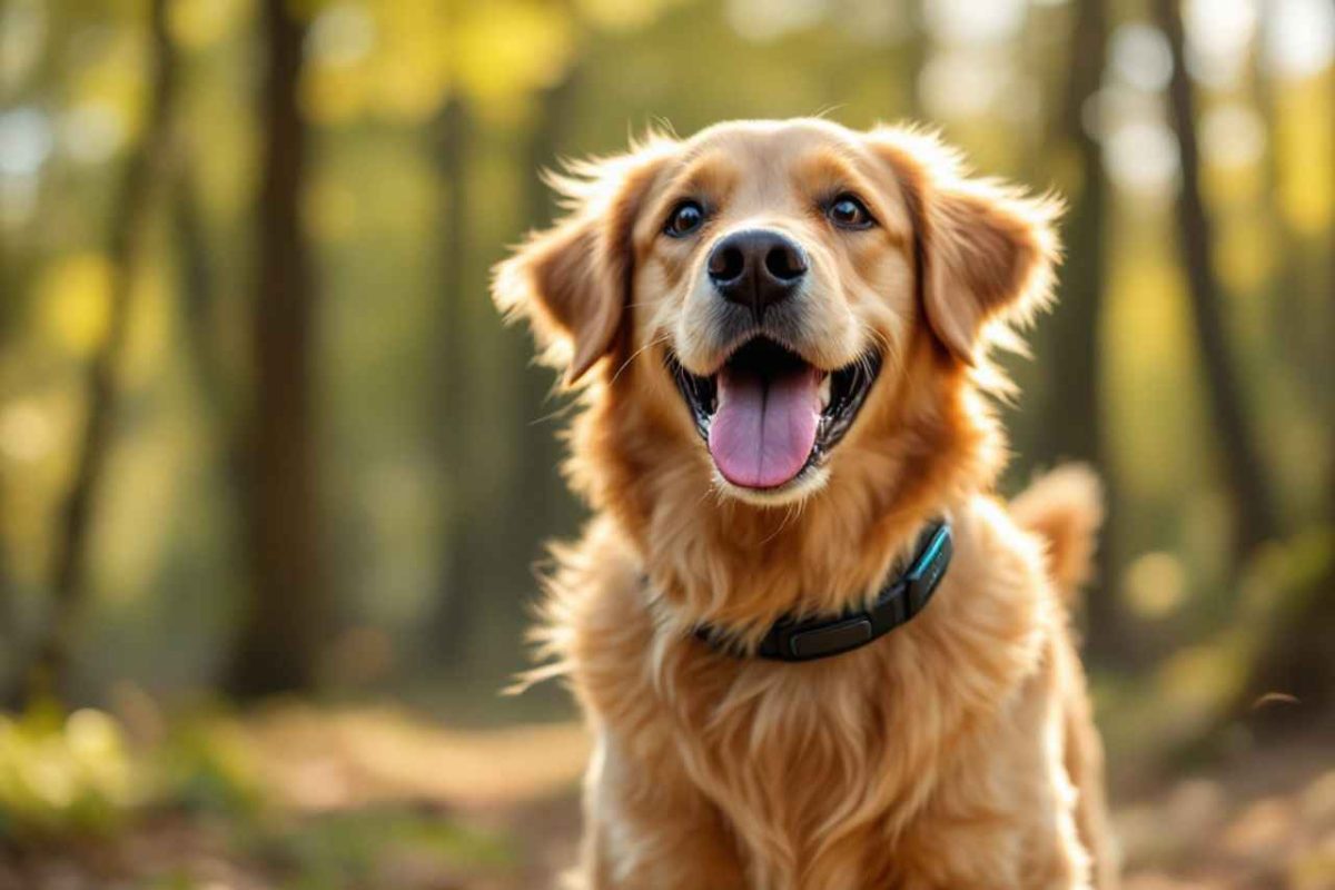 Un chien Golden Retriever court de manière joyeuse en forêt avec un collier connecté moderne. Découvrez si cet investissement en vaut la peine pour la sécurité de votre animal