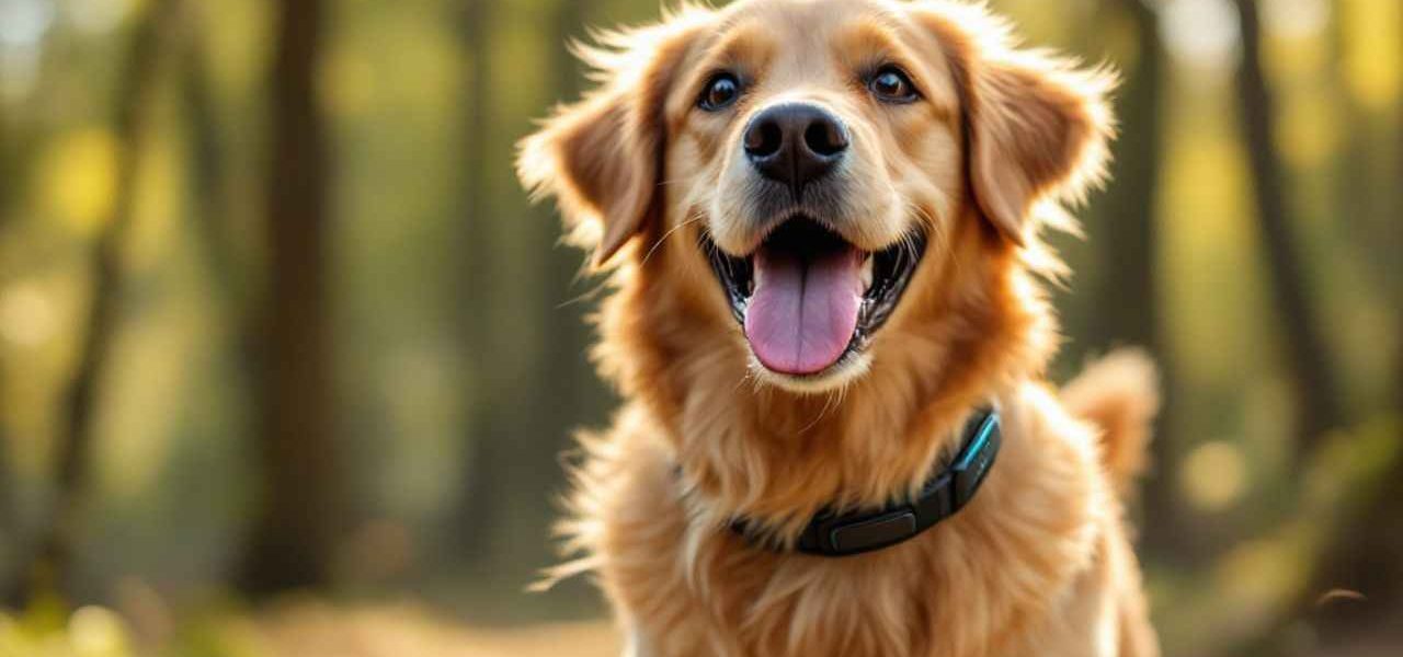 Un chien Golden Retriever court de manière joyeuse en forêt avec un collier connecté moderne. Découvrez si cet investissement en vaut la peine pour la sécurité de votre animal