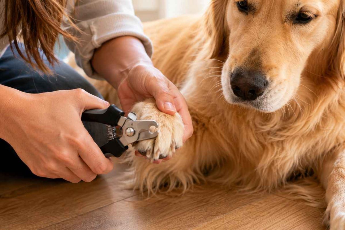 Apprenez la bonne technique pour couper les griffes de votre chien en toute sécurité. Vue rapprochée des mains tenant une patte de golden retriever avec un coupe-griffe professionnel. Geste précis, lumière naturelle douce