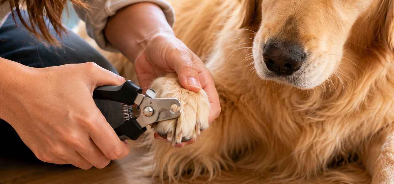 Apprenez la bonne technique pour couper les griffes de votre chien en toute sécurité. Vue rapprochée des mains tenant une patte de golden retriever avec un coupe-griffe professionnel. Geste précis, lumière naturelle douce