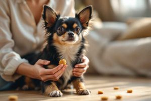 Désensibilisation progressive d'un petit chien à la coupe des griffes. Une femme récompense son chihuahua avec une friandise tout en lui tenant doucement la patte. Ambiance douce et rassurante à l'intérieur