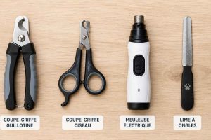 Comparatif visuel des outils pour couper les griffes de votre chien. De gauche à droite : coupe-griffe guillotine, coupe-griffe ciseau, meuleuse électrique, lime à ongles. Présentation claire sur fond bois clair