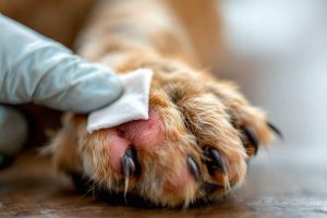 Que faire si vous coupez trop court lors de la taille des griffes de votre chien ? Appliquez une pression avec une compresse. Photo illustrant les premiers gestes à adopter en cas de saignement d'une griffe