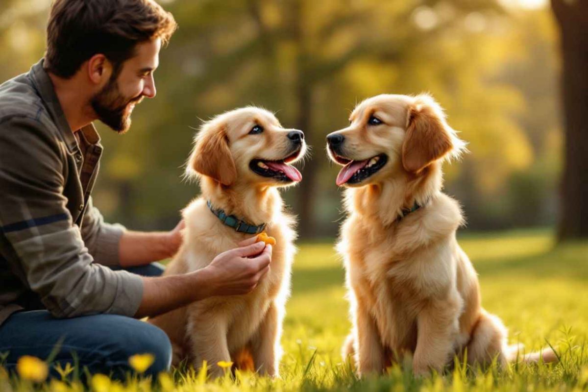 Deux chiots Golden Retriever obéissants recevant une récompense de leur maître dans un parc ensoleillé. Découvrez comment dresser votre chien en douceur !