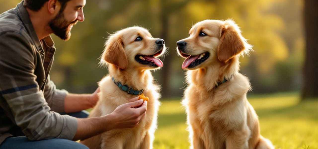 Deux chiots Golden Retriever obéissants recevant une récompense de leur maître dans un parc ensoleillé. Découvrez comment dresser votre chien en douceur !