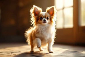 Un Chion (Chihuahua croisé Papillon) avec ses grandes oreilles soyeuses, élégant et joueur sur un parquet ensoleillé. Parfait pour les amateurs de chiens sensibles et affectueux