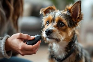 Un éducateur canin utilisant un clicker avec un petit terrier attentif. Tout savoir sur le clicker training pour un dressage efficace.