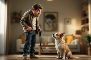 Un propriétaire frustré et un chien confus pendant une séance de dressage ratée. Quelles erreurs éviter pour réussir ?