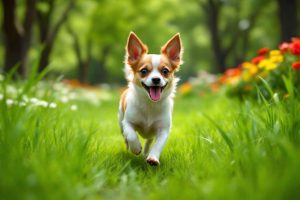Un Jack Chi (Jack Russell croisé Chihuahua) en pleine course dans un parc vert. Découvrez pourquoi ce petit hybride est idéal pour les foyers actifs !