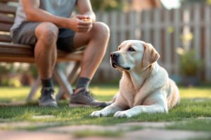 Un Labrador calme et obéissant pendant une séance de dressage. La patience est la clé pour réussir l'éducation de votre chien.