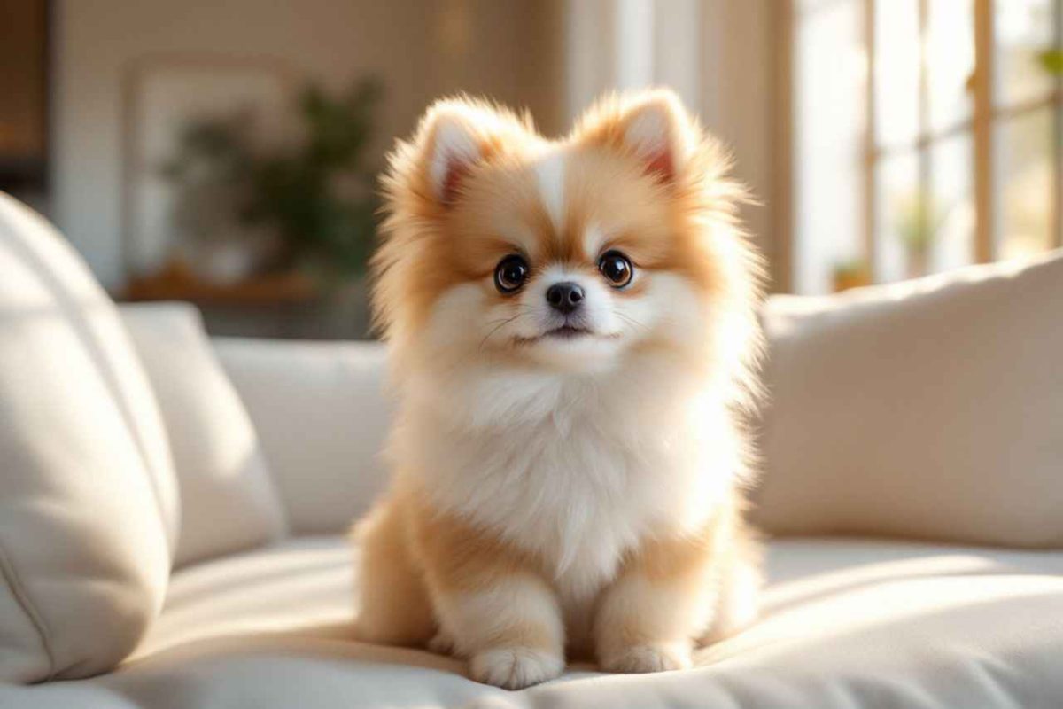 Un adorable Pomchi (Chihuahua croisé Spitz Nain) assis sur un canapé blanc dans un appartement moderne. Découvrez pourquoi ce petit hybride séduit tant les citadins !