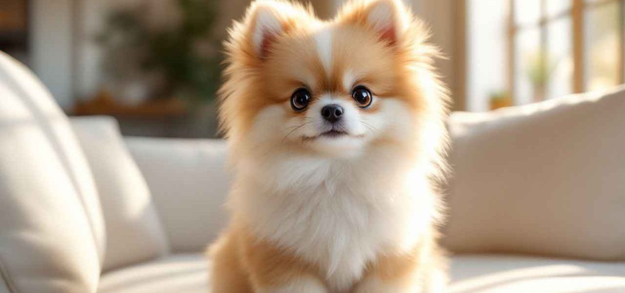 Un adorable Pomchi (Chihuahua croisé Spitz Nain) assis sur un canapé blanc dans un appartement moderne. Découvrez pourquoi ce petit hybride séduit tant les citadins !