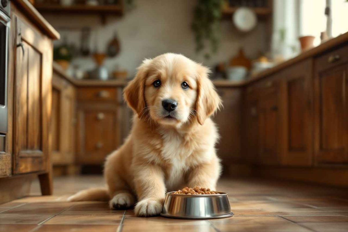 Un chiot Golden Retriever mangeant dans une gamelle en inox dans une cuisine chaleureuse. Découvrez comment choisir la gamelle idéale pour votre chien !