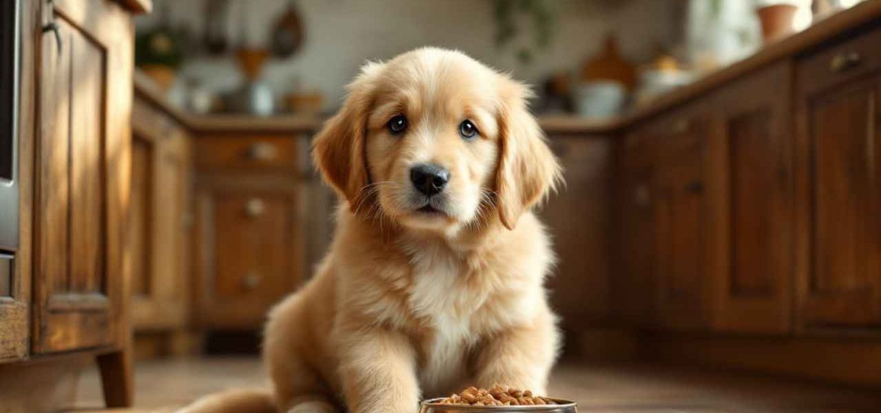 Un chiot Golden Retriever mangeant dans une gamelle en inox dans une cuisine chaleureuse. Découvrez comment choisir la gamelle idéale pour votre chien !