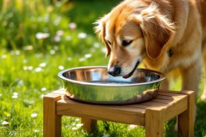 Un grand chien buvant dans une gamelle surélevée en inox à l'extérieur. Pourquoi choisir une gamelle surélevée pour votre chien ?