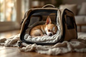 Un Chihuahua endormi dans un sac thermique avec une couverture douce. Comment protéger votre chien du froid pendant les trajets ?