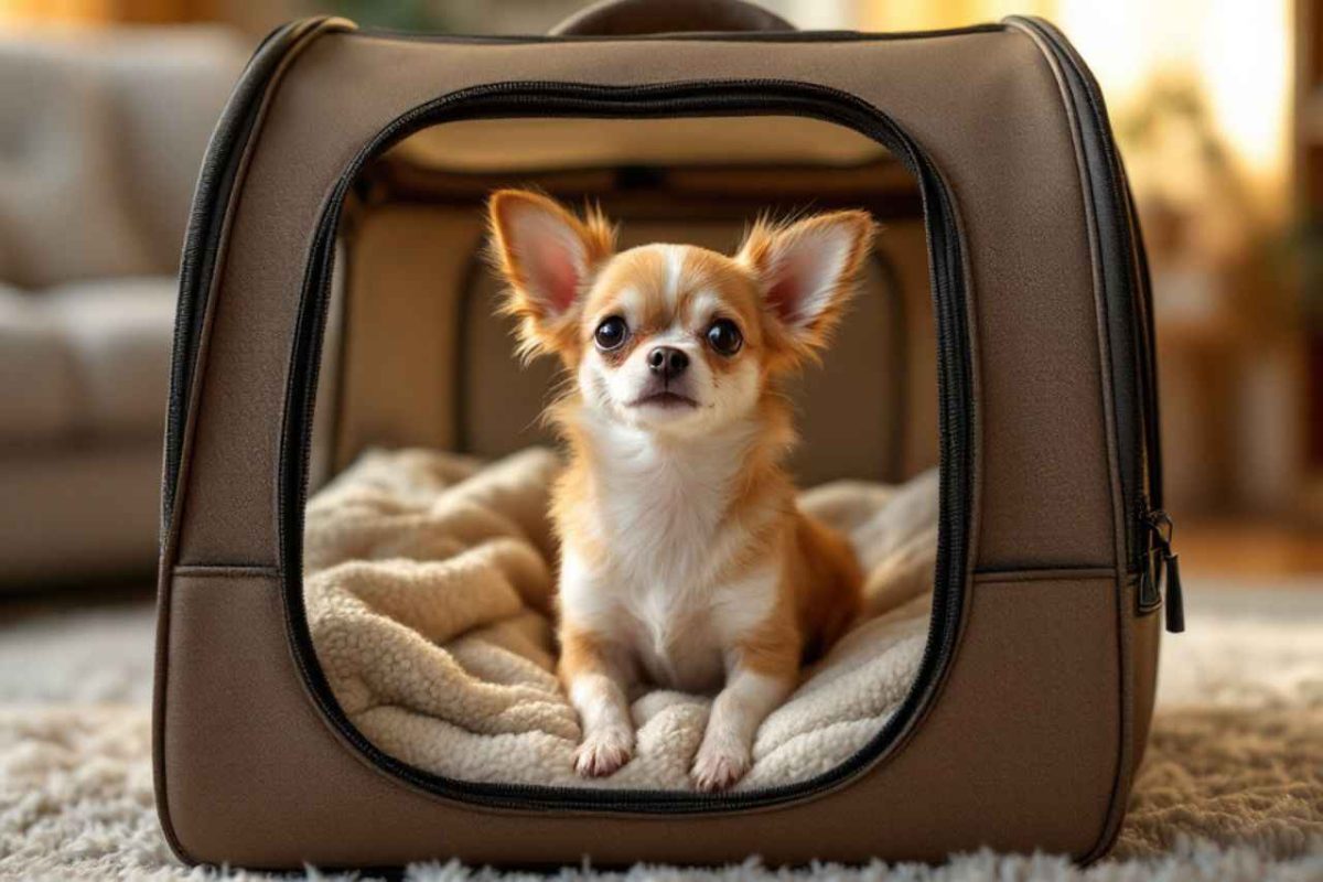 Un Chihuahua confortablement installé dans un sac de transport doux avec fenêtres en mesh. Découvrez comment choisir le sac idéal pour votre compagnon !