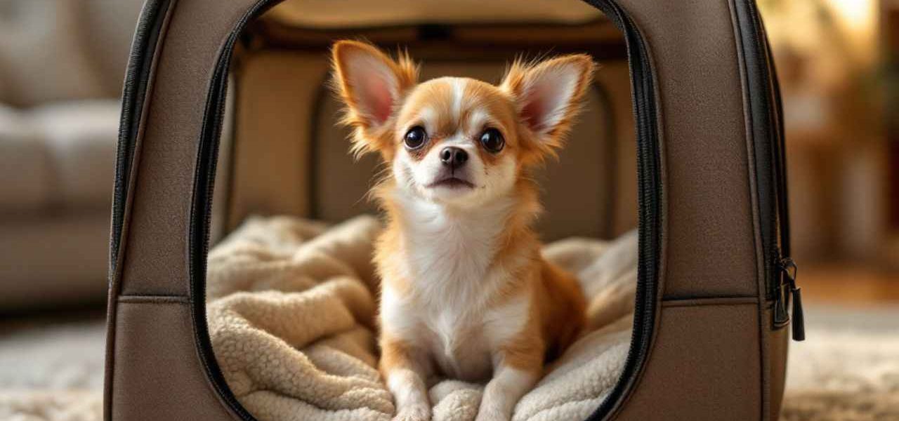 Un Chihuahua confortablement installé dans un sac de transport doux avec fenêtres en mesh. Découvrez comment choisir le sac idéal pour votre compagnon !