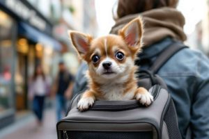 Un chiot Chihuahua dans un sac à dos pour chien, idéal pour les déplacements en ville. Quel modèle choisir pour votre compagnon ?
