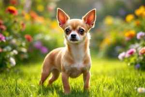 Un Chihuahua fauve à poil court dans un jardin ensoleillé. Découvrez les différentes couleurs de robe du Chihuahua